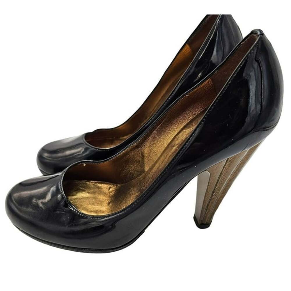 Guiseppe Zanotti Black Heels 7 Patent Leather Luxury Designer Gold Cone Heel 37
